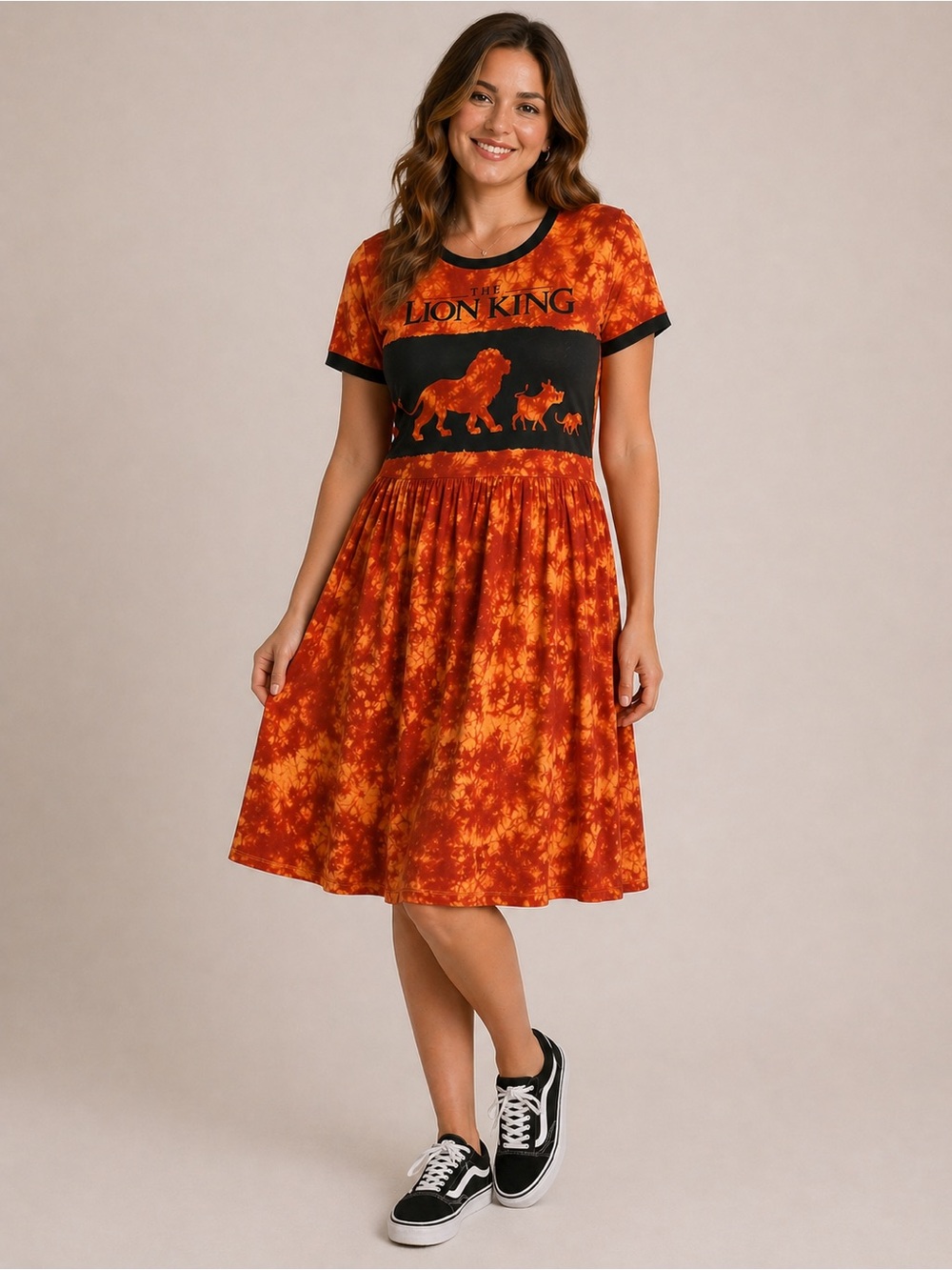 Disney Lion King Tie-Dye Dress Size L Orange Graphic Simba Pumbaa Timon